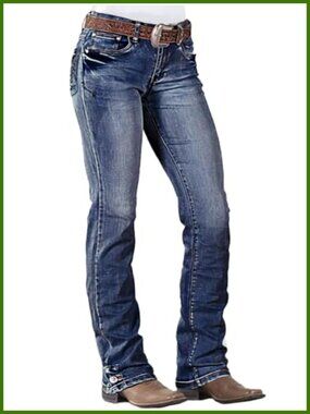 Mid Rise Flared Bootcut Jeans with Embroidery Stretch Denim
